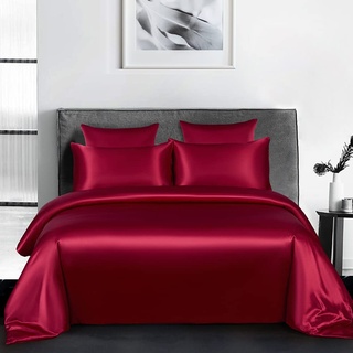 AShanlan Satin Bettwäsche Set 140x200 Rot Burgunderrot Uni Einfarbig Deckenbezug 100% Glatt Angenehm Glanzsatin Polyester - 1 Bettbezug 140 x 200 + 1 Kissenbezug 70 x 90 cm