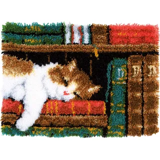 Vervaco Katze im Bücherregal Knüpfteppich, Stramin, Weiß, 53 x 39 x 0,3 cm