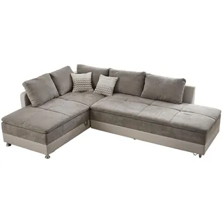 luma-home Ecksofa-Dauerschläfer Doppelbett Boxspring Federkern Topper, Schwenkteil rechts B306/T223/H95 cm, Kunstleder Beige+Mikrofaser Graubraun / 15102 , Textil , Füllung: Kaltschaum , Ottomane rechts,L-Form , 306x223 cm , Wohnzimmer, Sofas & Couches, Wohnlandschaften, Ecksofas