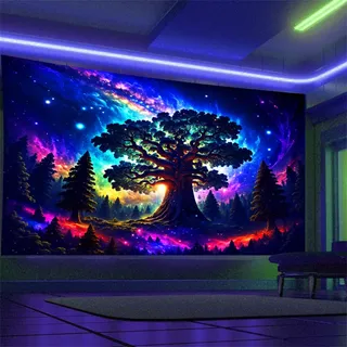 Arsey Schwarzlicht Wandteppich Wald Trippy UV-Reaktive Wandteppiche Hochkant Baum Sterne Galaxy Aesthetic Wandtücher Wandtuch Deko Wohnzimmer, Bunt, Groß 230x180cm