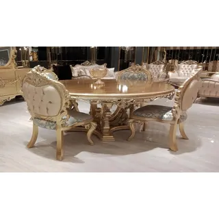 Rund Esszimmer Gruppe Garnitur Esstisch Stuhl Tische Tisch Stühle 5tlg. Set Neu - Gold
