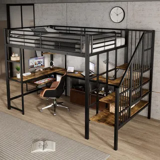 Flieks Etagenbett 120x200cm mit Schreibtisch und Ladefunktion, Jugendbett Metallbett mit Treppe und Ablagen, Kinderbett Metallbett, Schwarz - Schwarz