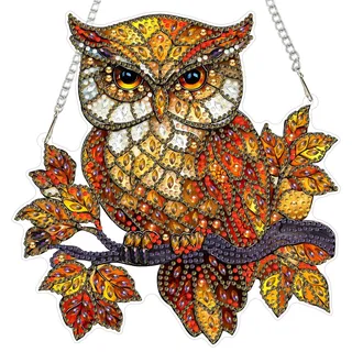 MXJSUA Diamond Painting Buntglas Eule Anhänger Erwachsene, Diamantmalerei-Fensterbilder Doppelseitig, Diamond Painting Türschild zum Aufhängen für Wand Und Eingang Decor Geschenk 20x20cm