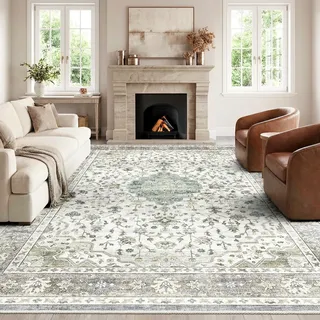HOMFINE Vintage Teppich Wohnzimmer 120x170 cm Hell Grün Waschbarer Kurzflor Boho Teppiche Weich rutschfest Groß Retro Rugs for Living Room Carpet for Schlafzimmer Esszimmer Küche