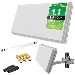 netshop 25 Sat Flachantenne Single LNB HD Sat Anlage für 1 Teilnehmer H30D1+ kompakte Sat-Antenne mit Fensterhalterung und Zubehör Set - Starke Empfangsleistung für alle Satelliten