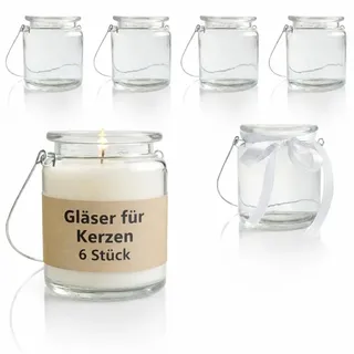 WeddingTree 6 x Gläser für Kerzen - Windlicht Glas mit abnehmbaren Bügel und Dekoband - Teelichtgläser - Leere Kerzengläser zum Kerzen gießen - Candle Jar - Kerzenglas als Deko für Hochzeit