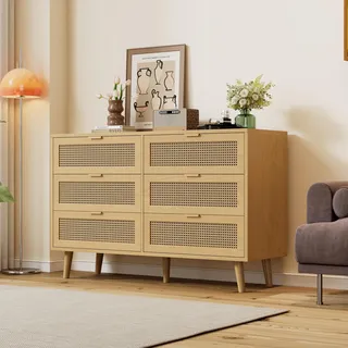 Sweiko Kommode mit 6 Schubladen, Sideboard Schubladenschrank aus Holz, Schubladenkommode mit Metallgriffe, für Schlafzimmer, Wohnräume, Büro, Sideboard Highboard mit viel Stauraum, Maße: B120/H76.5/T40 cm - Braun