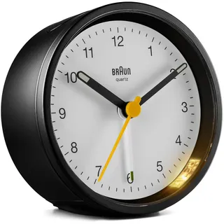 Braun Klassischer analoger Wecker Schlummerfunktion und Licht, ruhiges Quarzuhrwerk, Crescendo-Alarm in Schwarz und Weiß, Modell BC12BW.