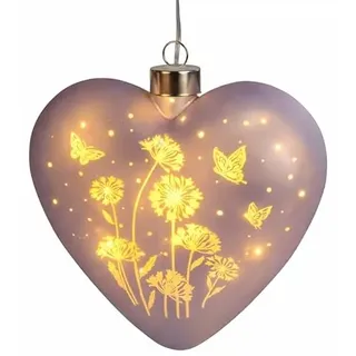 formano LED Deko Hänger Blumenwiese Herz 15x15 cm Glas Deko mit Timer aus mattem Farbglas in Pastell-Lila mit Blumen-Dekor batteriebetrieben (2× AAA) stimmungsvolle Fenster- & Geschenkdeko