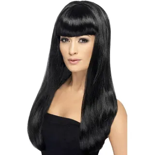 Smiffys Babelicious Perücke, Schwarz, Lang, Glatt mit Pony Halloween und Karneval