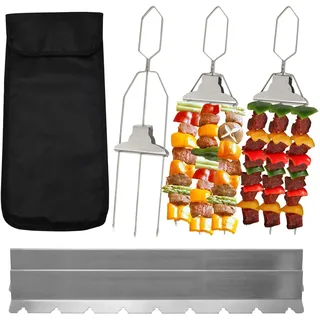 Kqpoinw Grillspieße Edelstahl, Schaschlikspieße mit Festes Regal und Tasche, 38CM Lange Halbautomatische Grillgabel aus Edelstahl, Kebab Spieße Fleischspieße für Grillen Grillzubehör Männer Geschenk