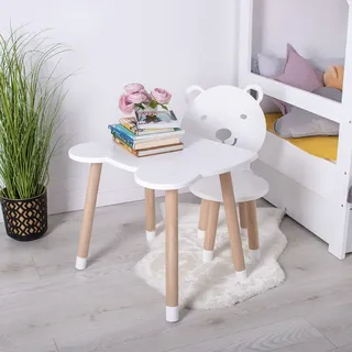 Kindertisch Teddybär-Design, Holz Weiß Natur, abgerundet, 45x55x45 cm - Weiß