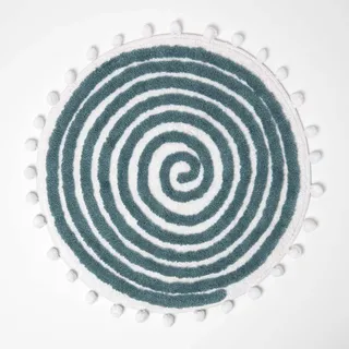 Homescapes Spiralmuster Badteppich getuftet mit Bommeln, runde Badematte 60 cm Petrol-weiß, Badvorleger Baumwolle