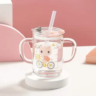 ITODA Glas Kinder Glasbecher 250ml Messbecher Borosilikatglas Becher mit Deckel Wasserbecher mit Strohhalm Trinkglas Mikrowellengeeignet Strohbecher Auslaufsicher Wasserglas Junge Trinkbecher Mädchen
