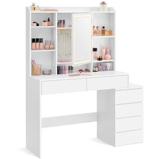 VASAGLE Kailyn Kollektion - Schminktisch mit LED-Beleuchtung, 40 x 117,5 x 145 cm, Frisiertisch mit Spiegel, Kosmetiktisch mit Schubladen, verstellbaren Ablagen, modern, wolkenweiß RDT624W01