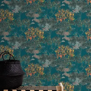 Architects Paper Tapete Floral Bunt Petrol Gelb Rot Schwarz - Architects Paper Arcade 391735 - Vliestapete Pflanzen - 10,05 m x 0,53 m Made in Germany