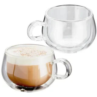 JUDGE 2er-Set Doppelwandige Cappuccino-Tassen aus Glas | Kaffeegläser mit Henkel | Vakuumisolierte Doppelwandige Gläser | Kaffee Gläser | Kunsthandwerklich Gefertigt | Stabil & Hitzebeständig | 225 ml