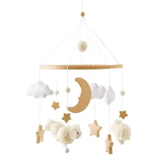 Herfair Mobile Baby Bettglocke mit Sterne Mond Schafe Hölz Mädchen Hängende Mobile Windspiel für Babybett Kinderbett (Schafe Beige)