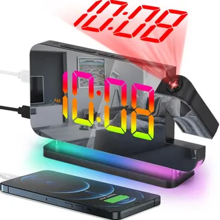SZELAM Projektionswecker, 7.4 Zoll Digitale Spiegeluhren, mit 180° drehbarem Projektor, RGB-Nachtlicht, USB C Ladeanschluss, Auto Dimmer, LED Schreibtischuhr für Schlafzimmer – Schwarz