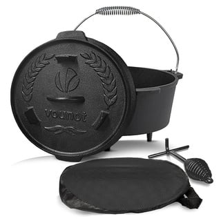 VOUNOT Dutch Oven Set 4.25 Liter, Eingebrannter Feuertopf aus Gusseisen für Garten Lagerfeuer Camping, mit Füßen, Deckel, Deckelheber und Tragetasche