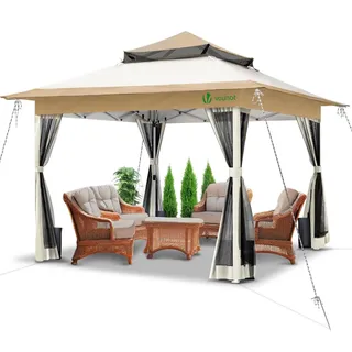 VOUNOT Pavillon Faltbar 3,6x3,6m, Pop Up Partyzelt mit Mesh Sides & Doppeldach, Faltpavillon Stabil mit Bein Gewichte & Roller Bag, Gartenpavillon Gartenzelt Beige