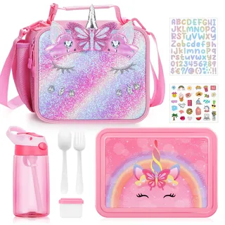 3PCS Brotdose Kinder mit Fächern, Lunchtasche Kinder und Wasserflasche, Lunchboxen Tasche, Cute Lunchbag Bento Box für Kinder School/Kindergarten, Schulanfang Geschenke für Mädchen (Rosa Einhorn)