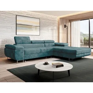 Easy4You Ecksofa NORBERG Velvet L-Form Türkis – 279x72x205 cm - Schlafsofa mit Bettkasten und Schlaffunktion - Eckcouch mit Stauraum – Rechts – Stoff Monolith 72 - Türkis