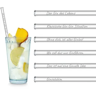 HALM Glas Strohhalme Gin Sprüche | Gin des Lebens Edition | 6x 23 cm lang mit gravierten Gin Gläser Sprüchen | Glasstrohalme Gin Geschenkset für Gin Tonic Gläser | Trinkhalme Glas Geschenk