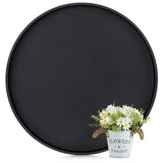 Hanobe Serviertablett Groß Deko Tablett: Rund Tabletts Modern Schwarz Kunstleder für Hocker Couchtisch - Dekotablett XXL 48cm rutschfest für Küche Wohnzimmer