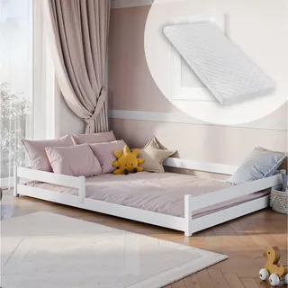 Kinderbett Bodenbett Bett mit Rausfallschutz & Lattenrost Montessori Bett Kinder Jugendbett Einzelbett mit Matratze | weiß Kiefer 140x200 cm - Weiß
