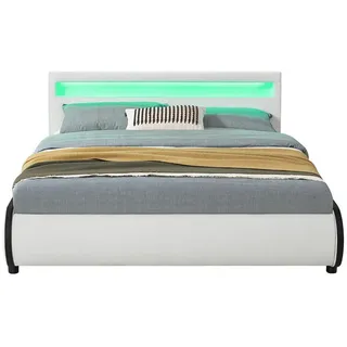 Juskys Polsterbett Sevilla weiß mit Matratze 140x200cm inkl. Led , Weiß , Textil , 140x200 cm , Schlafzimmer, Betten, Polsterbetten