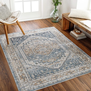 Surya Sitra Vintage Teppich - Teppich Wohnzimmer, Esszimmer, Flur, Rugs Living Room - Boho Teppich Orientalisch Style, Kurzflor Carpet - Bunter Teppich Weiß, Blau 160x213cm