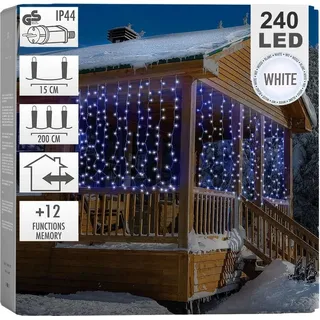 ECD Germany LED Lichtervorhang 2m 240 LEDs Kaltweiß 12 Funktionen Weihnachten Eiszapfen Lichterkette LED Lichterkettenvorhang Vorhang IP44 Innen/Außen - Weiß