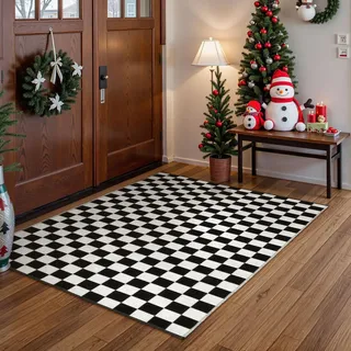 Seavish Karierter Teppich, 90x150 cm, marokkanisches Schachbrett-Teppich, schwarz und weiß, Läufer, Teppich, gewebt, wendbar, für Schlafzimmer, Wäsche, Küche, Wohnzimmer, Eingangsbereich, Heimbüro