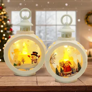 2 Stück Weihnachts Schneekugel Laterne, Flammenlose Weihnachtskerzen, LED Weihnachtsdeko Laterne mit Weihnachtsmann und Schneemann, Weihnachtslaterne Vintage für Schlafzimmer Garten Balkon Kamins