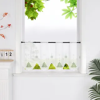 HeichkelL Voile Scheibengardine Bistrogardine mit Weihnachtsbaum und Schneeflocken Weihnachten Kurzstores Transparente Gardine Stangenlöcher Grün HxB 60x120 cm