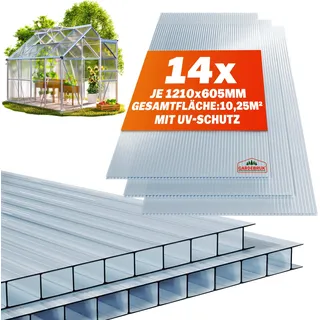 GARDEBRUK® 14x Doppelstegplatten 4mm Zuschneidbar 121x60,5cm Polycarbonat 10,3m2 UV-beständig Klar Hohlkammerplatten Gewächshaus Platten Stegplatten - Transparent