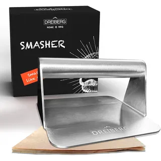DREIBERG® Grillpresse Set inkl. Burgerpapier – Burgerpresse Edelstahl für Smash Burger. Burger Smasher. Smashed Burger Presse für Grill, Pfanne & Teppanyaki Platte