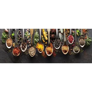 Glasbild 80x30cm Wandbild Glas Gewürze Kräuter Löffel Küche Deko Wanddeko - Weiß