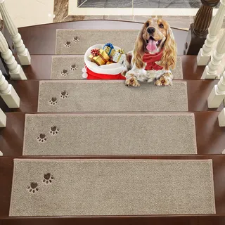 BEQHAUSE Stufenmatten Treppen Teppich Stufenmatten Innen rutschfest 15 Stück, Maschinenwaschbare Treppenteppich für Kinder, Älteste und Haustiere, 100% Polyester TPE -Rücken, 22X70cm, Beige