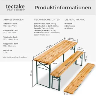 Tectake tectake® Bierzeltgarnitur, 3-teilig, klappbar, beschichtetes Stahlgestell mit soliden Scharnieren, robustes Tannenholz mit Schutzlackierung