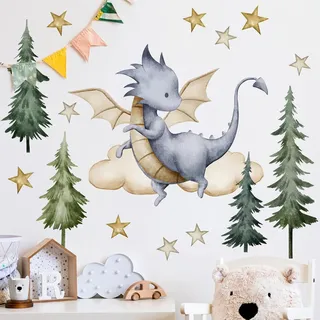 WandSticker4U®- XXL Wandtattoo DRACHEN im WALD blau groß (109x53 cm) I Groß Drache Wandaufkleber Babyzimmer Tiere Sterne Wolken I Dino Wandsticker Kinderzimmer Deko Junge Mädchen selbstklebend