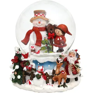 Dekohelden24 Schneekugel Schneemann mit Kind auf aufwendig verziertem Sockel, mit Spielwerk, Melodie: White Christmas, Maße L/B/H: 12,5 x 12 x 14,5 cm Kugel Ø 10 cm.