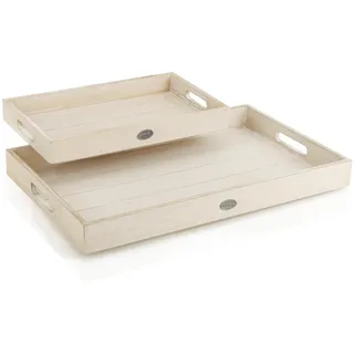 com-four® 2-teiliges Tablett-Set aus Holz - Vintage Dekobretter in 2 Größen - Serviertabletts mit Kleiner Metallplakette - Dekoschalen mit Tragegriffen (02 Stück - Tablett beige)