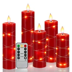 Fanzir LED-Kerzen Lichterkette mit eingebauter Lichterkette LED-Kerzen mit Fernbedienung und Timer, batteriebetriebene Kerzen 13cm 14cm 16cm 18cm 20cm Rot 5 Kerzen