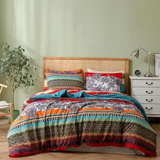 Freyamy Bohemian Bettwäsche 220x240cm 3teilig Boho Indischen Mandala Bettwaren-Sets Bunt Vintage Exotische Böhmen Bettwäsche 100% Microfaser Bettbezug mit Reißverschluss und 2 Kissenbezug 80x80cm
