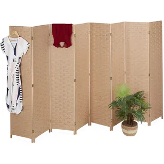 Relaxdays Paravent, 8-teilig, Raumtrenner faltbar, HxB 170x320 cm, Sichtschutz innen, Holz, Papierseil, Trennwand, Natur