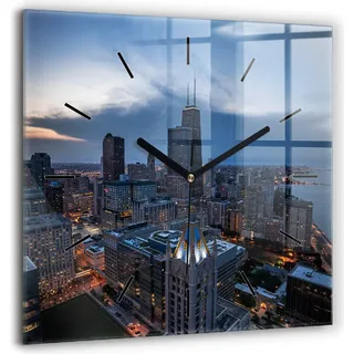 Wallfluent Große Wanduhr – Stilles Quarzuhrwerk - Uhr Dekoration Wohnzimmer Schlafzimmer Küche - Zifferblatt mit Striche - schwarze Zeiger - 60x60 cm - Foto von Chicago - Blau