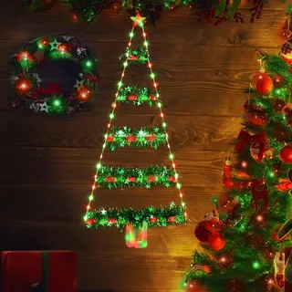 Geemoo Weihnachtsbeleuchtung Außen Batterie, 81cm Weihnachtsbaum Leiter Lichterkette mit Lametta Girlande, Timer, 8 Modi, Grün&Rot Fensterlicht für Innen, Fenster, Party, Hochzeit, Tür, Weihnachtsdeko