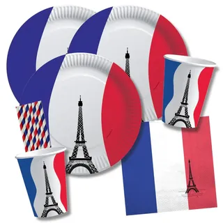 56-teiliges Party-Set Frankreich - Teller Becher Servietten Trinkhalme für 10 Personen